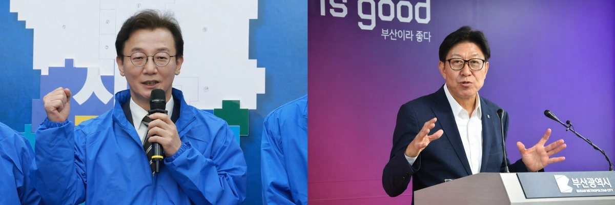 더불어민주당 부산시장 후보인 전재수(왼쪽) 의원과 국민의힘 부산시장 후보인 박형준 현 부산시장. 연합뉴스·부산시 제공