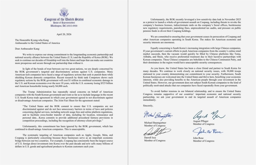 미국 연방 하원 공화당 의원 모임인 ‘공화당 연구위원회’(RSC) 소속 의원 54명이 20일 강경화 주미대사에게 보낸 서한. 한국에서 사업하는 미국 기업들에 대한 차별적인 규제를 즉각 중단해달라는 내용이 담겼다. 2026.4.21 RSC 자료