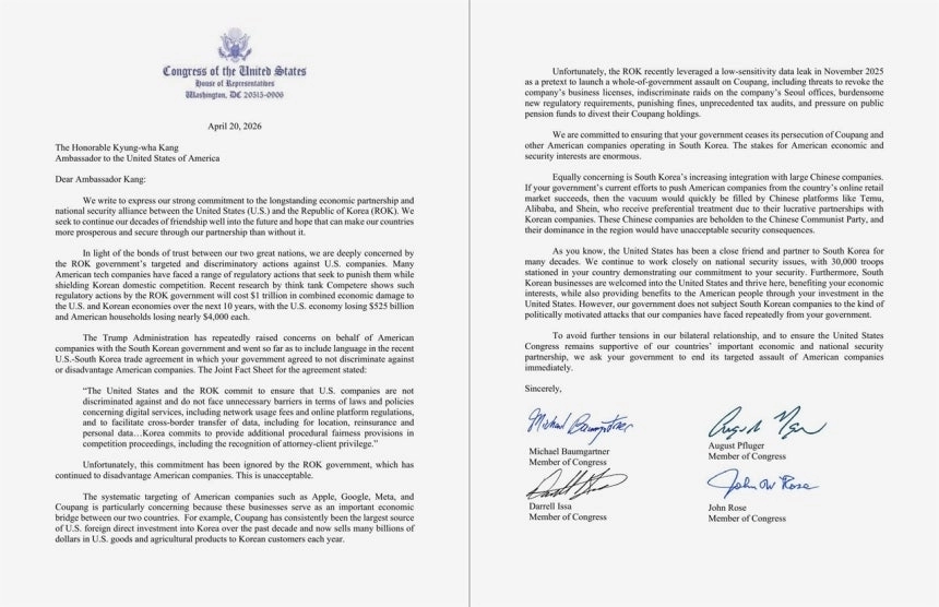 미국 연방 하원 공화당 의원 모임인 ‘공화당 연구위원회’(RSC) 소속 의원 54명이 20일 강경화 주미대사에게 보낸 서한. 한국에서 사업하는 미국 기업들에 대한 차별적인 규제를 즉각 중단해달라는 내용이 담겼다. 2026.4.21 RSC 자료