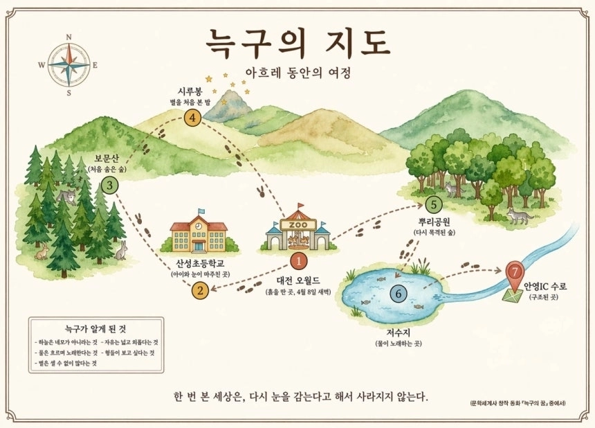 문학세계사는 대전 오월드에서 탈출한 늑대 ‘늑구’의 이야기를 바탕으로 한 창작 동화(오로라 글·그림) ‘늑구의 꿈’을 출간했다고 24일 밝혔다. 사진은 책에 담긴 삽화 ‘늑구의 지도’. 2026.4.24 문학세계사 제공