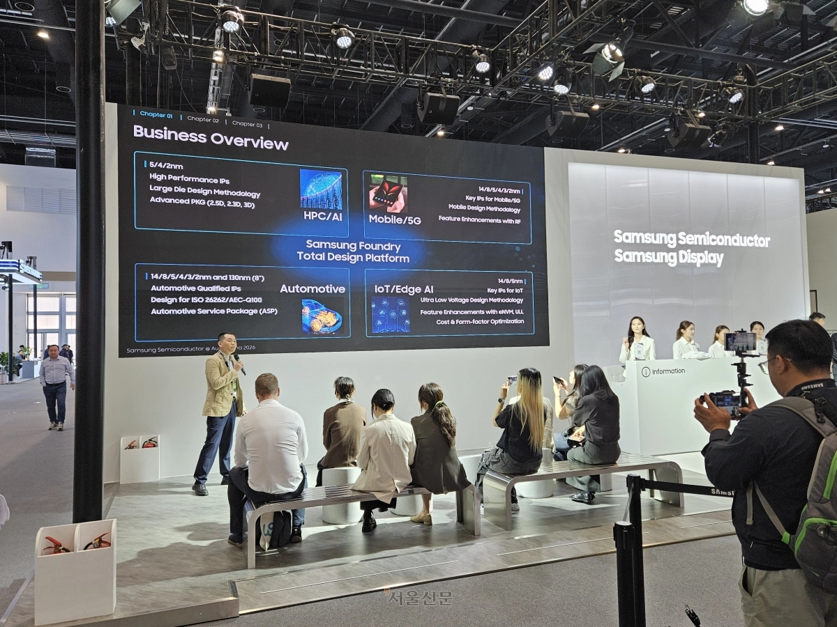 삼성전자 부스에서 윌리엄 완 삼성전자 중국법인 파운드리 마케팅 실무자가 관람객들에게 삼성전자의 차량용 반도체 비전에 대해 설명하고 있는 모습. 베이징 하종훈 기자