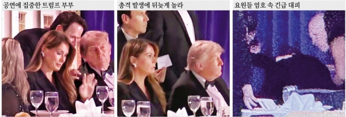 미국 워싱턴DC 워싱턴 힐튼 호텔에서 25일(현지시간) 열린 백악관출입기자협회(WHCA) 주최 만찬에서 도널드 트럼프 대통령과 멜라니아 여사가 주빈석에 앉아 있다가 갑작스러운 총격 소리를 듣고 놀라 비밀경호국 요원들의 엄호 속에 현장에서 긴급 대피하고 있다. 엑스 캡처