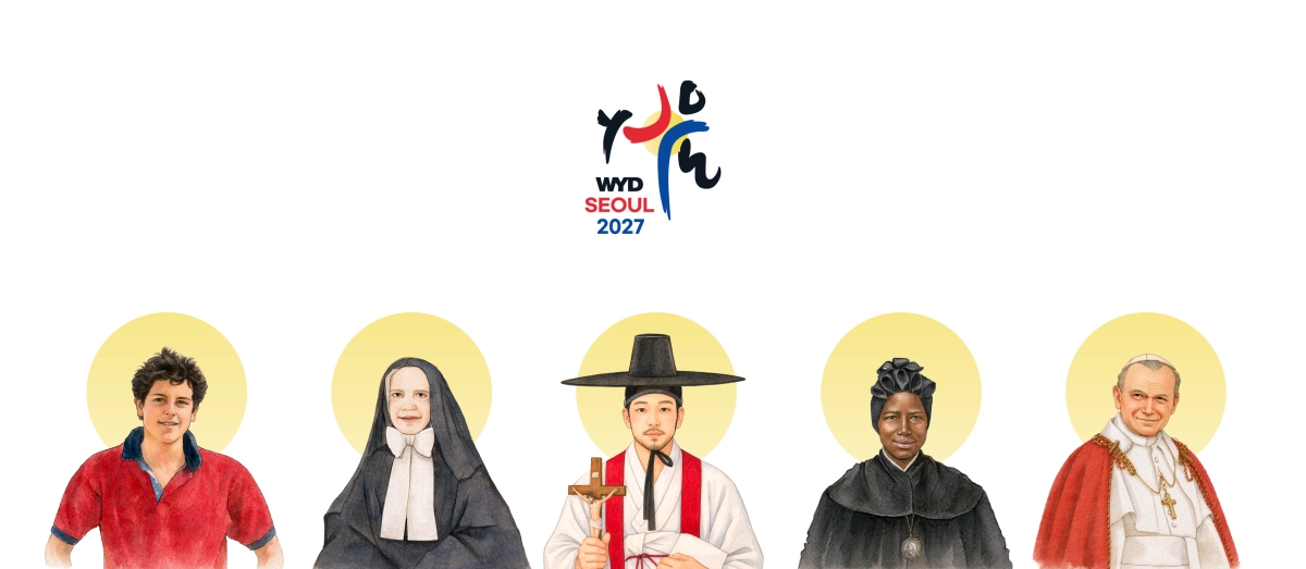천주교 2027 서울 세계청년대회 수호성인. 오른쪽부터 성 요한 바오로 2세·성 요세피나 바키타·성 김대건 안드레아 사제·성 프란체스카 사베리아 카브리니·성 가롤로(카를로) 아쿠티스.