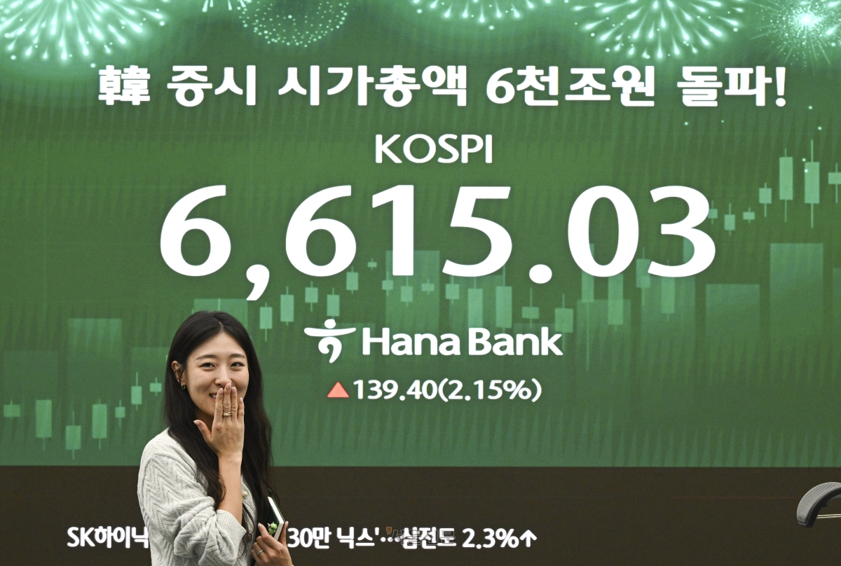 코스피가 사상 처음으로 6600선을 돌파한 27일 서울 중구 하나은행 딜링룸 현황판에 코스피 종가가 표시돼 있다. 이날 코스피는 전 거래일 대비 139.40포인트(2.15%) 오른 6615.03으로 장을 마감했다. 2026.4.27 이지훈 기자
