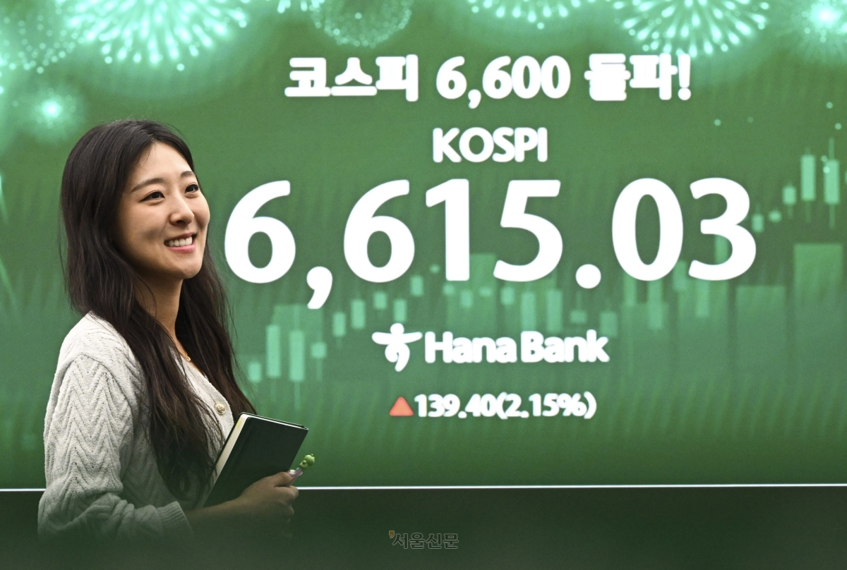 코스피가 사상 처음으로 6600선을 돌파한 27일 서울 중구 하나은행 딜링룸 현황판에 코스피 종가가 표시돼 있다. 이날 코스피는 전 거래일 대비 139.40포인트(2.15%) 오른 6615.03으로 장을 마감했다. 2026.4.27 이지훈 기자