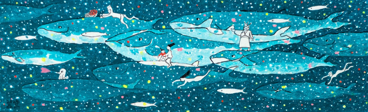 김품창 작가의 ‘제주 25년―숲과 바다, 고래를 기억하다’ 전에서 선보이는 ‘생명의 숨결ㅡ제주환상’시리즈. 고래가 사는 경계를 허물고 하늘을 유영하는 모습을 통해 공존을 이야기한다. 작가 제공