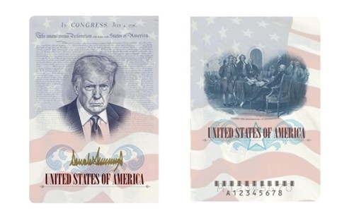 미국에서 도널드 트럼프 대통령의 얼굴이 새겨진 ‘한정판 여권’이 발급된다. 사진은 트럼프 얼굴이 커버 안쪽에 새겨지는 미국 ‘한정판 여권’ 이미지. 미 국무부 배포