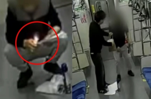 대구 지하철에서 라이터와 가연성 물질을 들고 방화를 시도한 40대 남성이 구속 송치됐다. 사진은 출근길 시민이 방화를 시도하는 남성을 필사적으로 막는 모습. SBS 뉴스 보도화면 캡처