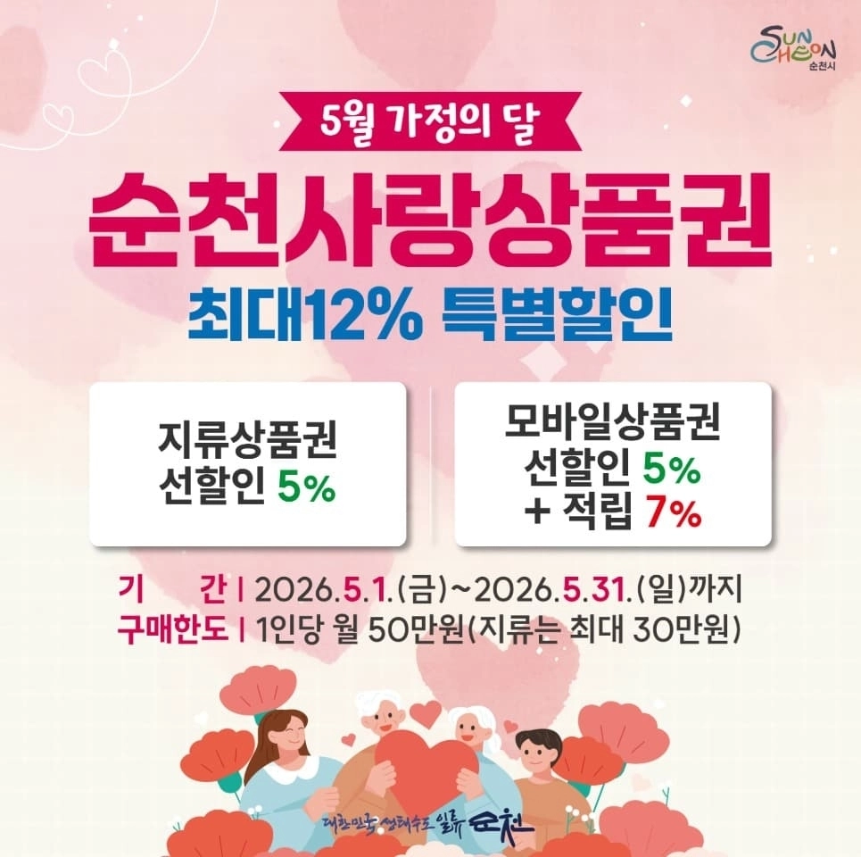 순천시가 5월 한 달간 순천사랑상품권 최대 12% 특별 할인행사를 한다.