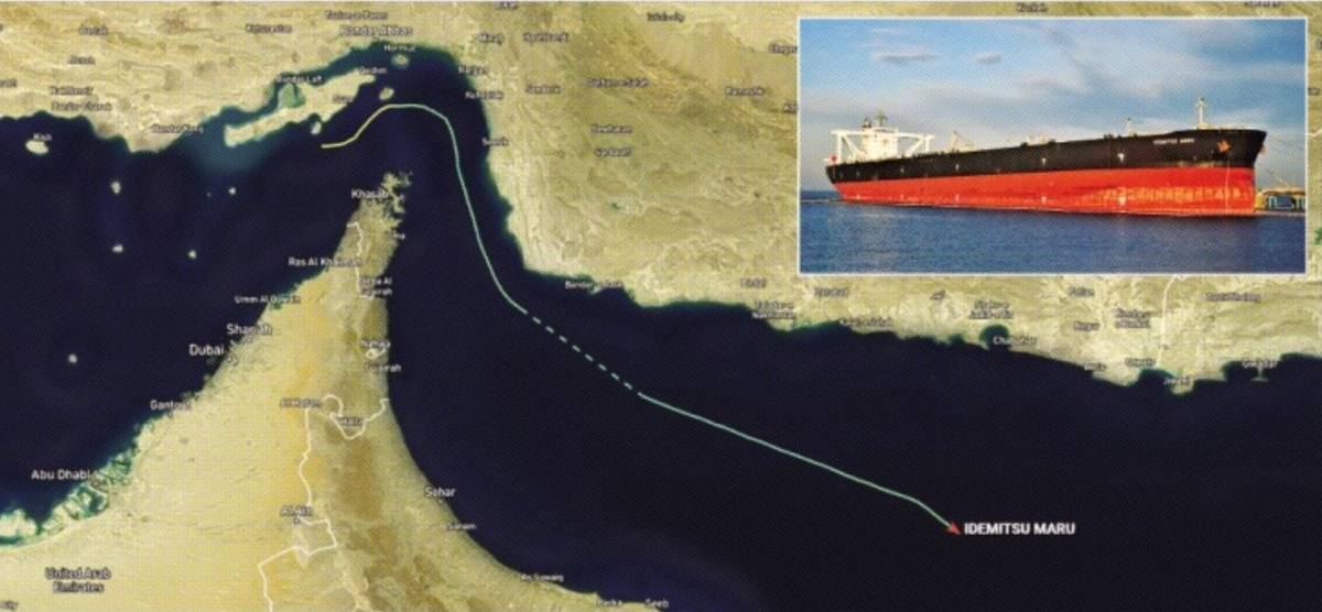 지난 2월 말 중동전쟁이 시작된 뒤 일본 유조선으로는 처음으로 호르무즈 해협을 통과한 ‘이데미쓰마루’의 항해 루트. 오른쪽 위 사진은 선박 모습. 마린트래픽 홈페이지 캡처