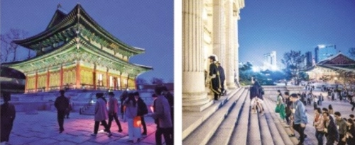 ‘창덕궁 달빛기행’ 참가자들이 청사초롱을 들고 궁을 거닐고 있다(왼쪽 사진). 오른쪽 사진은 ‘덕수궁 밤의 석조전’의 모습. 국가유산진흥원 제공