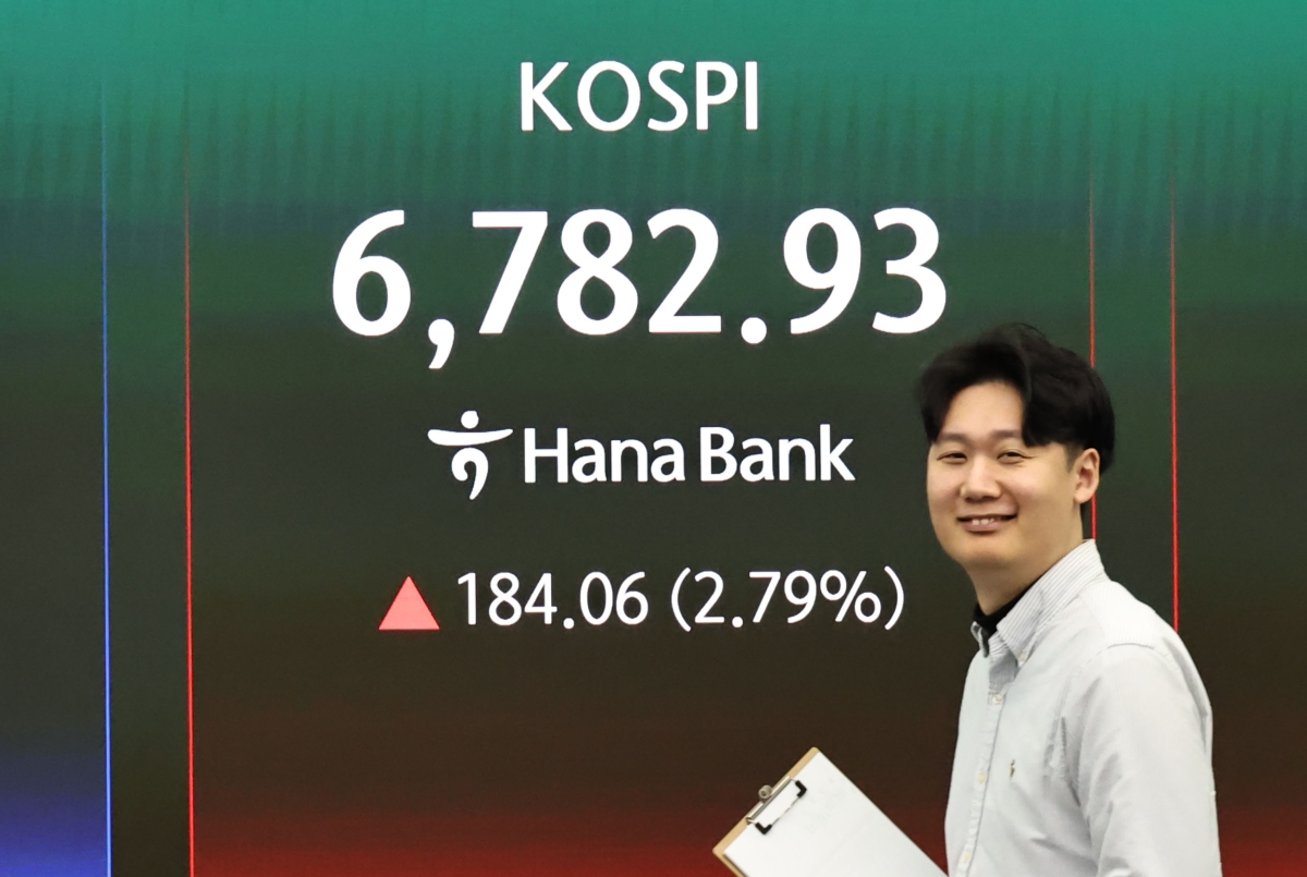 4일 서울 중구 하나은행 딜링룸 현황판에 코스피가 표시되고 있다.  이날 코스피는 전 거래일 대비 184.06포인트(2.79%) 오른 6,782.93에, 코스닥은 19.93포인트(1.67%) 오른 1,212.28에 개장했다.