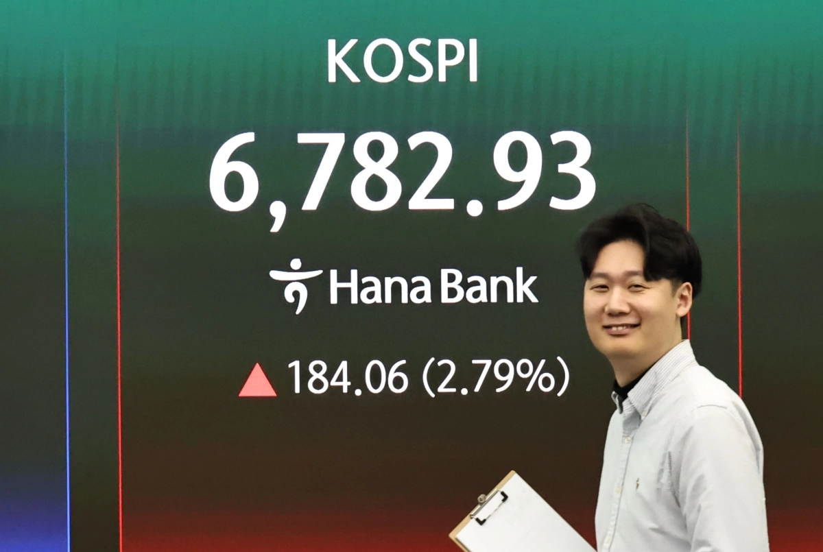 4일 서울 중구 하나은행 딜링룸 현황판에 코스피가 표시되고 있다.  이날 코스피는 전 거래일 대비 184.06포인트(2.79%) 오른 6,782.93에, 코스닥은 19.93포인트(1.67%) 오른 1,212.28에 개장했다.