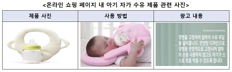 턱받이 형태의 쿠션에 젖병을 끼워 고정할 수 있는 주머니나 밴드를 부착한 이른바 ‘셀프 수유 쿠션’. 자료 : 한국소비자원