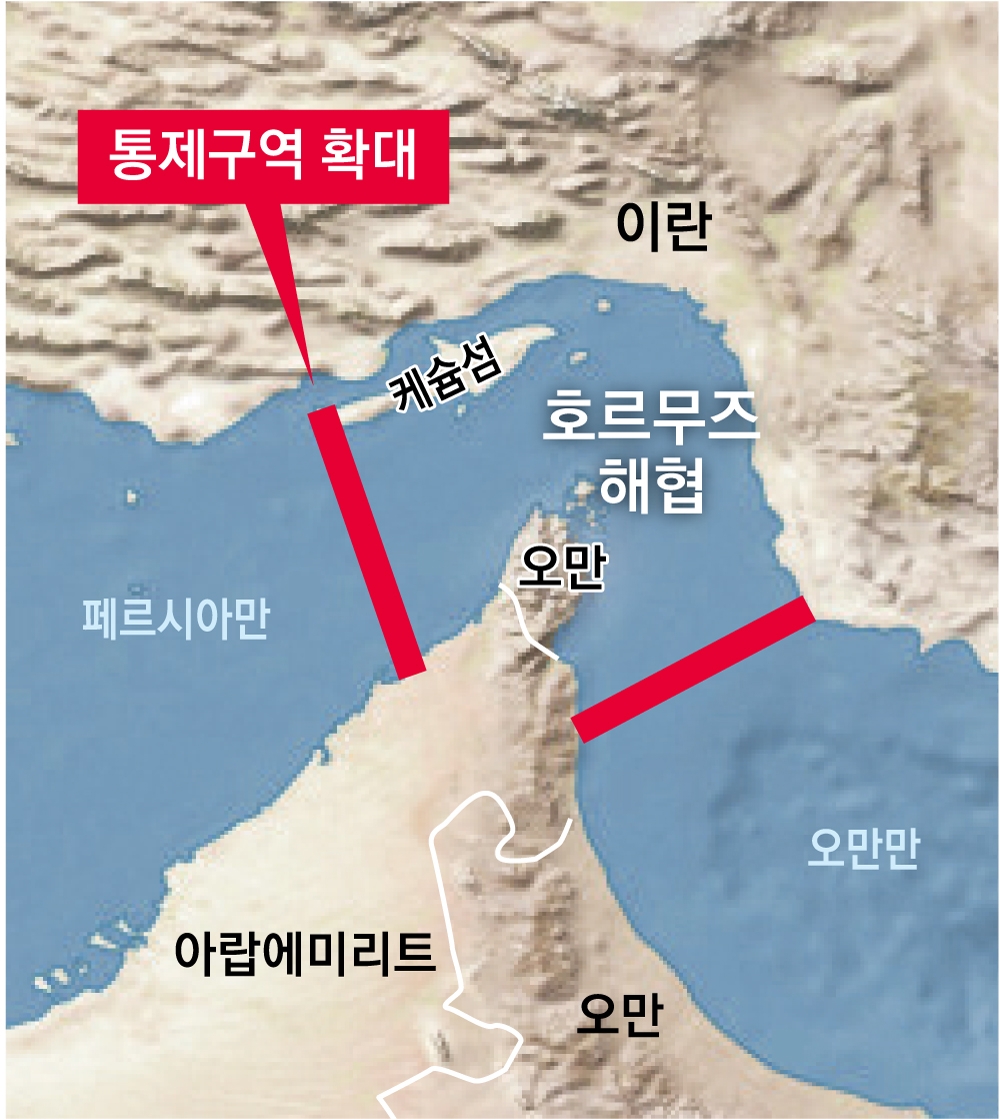 이란 이슬람혁명수비대 해군이 4일(현지시간) ‘프로젝트 프리덤’에 맞서 호르무즈 해협 통제 범위를 대폭 확대했다고 공개한 지도. 지도에는 호르무즈 해협 서쪽 방향으로 이란 케슘섬 서단과 아랍에미리트(UAE) 움알쿠와인을 잇는 직선(붉은 선)이 새롭게 표기됐다. 미잔통신 제공