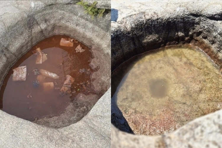 최근 관악산의 정상 부근 한 웅덩이에 붉은 라면 국물이 고이고 그 위로 각종 쓰레기가 버려진 모습(사진 왼쪽)이 포착됐다. 사진 오른쪽은 과천시가 관악산 정상 연주대 인근에 인력을 투입해 암석 웅덩이를 청소한 모습. 스레드 캡처·과천시 제공