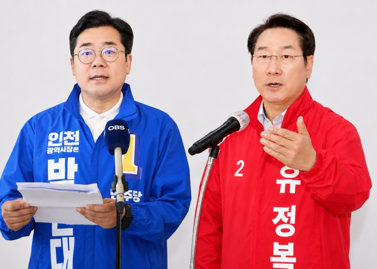 민주당 박찬대 인천시장 후보(왼쪽)와 국민의힘 유정복 후보. 각 캠프 제공