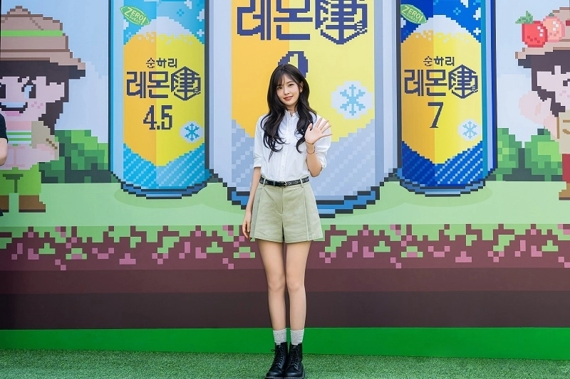 안유진이 지난 4월 30일 오후 성수동 ‘순하리찐 아일랜드’ 팝업스토어를 방문해 입구에서 손을 흔들며 포즈를 취하고 있다. 롯데칠성음료 제공