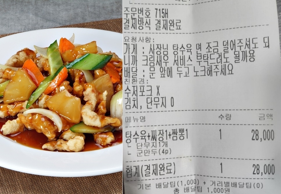 배달 앱을 이용하면서 요청 사항에 선 넘는 요구를 하는 일부 고객들 때문에 자영업자들이 고통을 호소하고 있다. 아이클릭아트(탕수육 자료사진)·보배드림 캡처