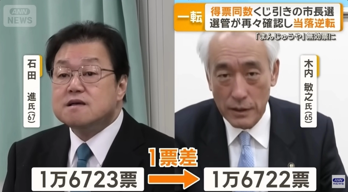 기우치 도시유키(오른쪽) 현 시장. 왼쪽은 이시다 스스무 전 시장. ANN뉴스 캡처