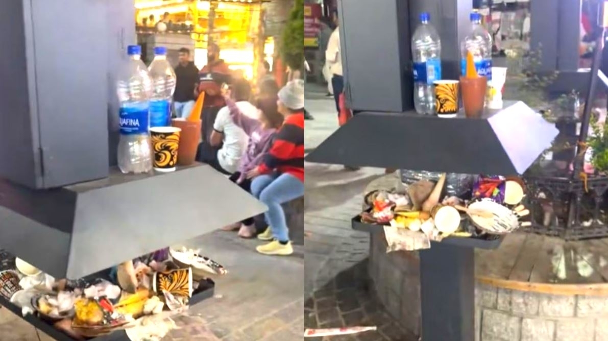 인도 히마찰프라데시주 마날리의 휴대전화 충전소. 개장 직후 행인들이 버린 쓰레기로 가득 찼다. 소셜미디어(SNS) 캡처
