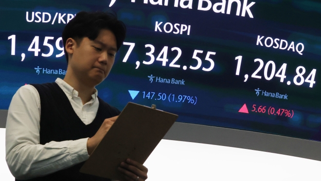 7500 찍고 브레이크…외국인 ‘팔자’에 코스피 2%대 하락(종합)