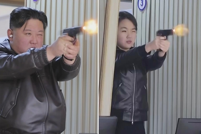 사격하는 북한 김정은-김주애. 북한 조선중앙TV는 김정은 국무위원장이 딸 주애와 함께 지난 11일 제2경제위원회 산하 중요군수공장을 찾아 신형 권총을 사격하고 현지 지도를 했다고 12일 보도했다. 사진=조선중앙TV 캡처 2026.03.12. 뉴시스