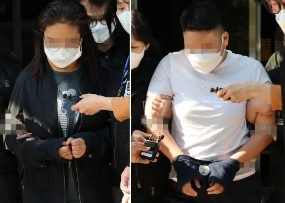 약물을 탄 술로 남편을 살해하려 한 혐의를 받는 태권도장 직원(왼쪽)과 공범 관장이 9일 오후 구속 전 피의자 심문이 끝난 뒤 인천지법 부천지원을 나서고 있다. 연합뉴스