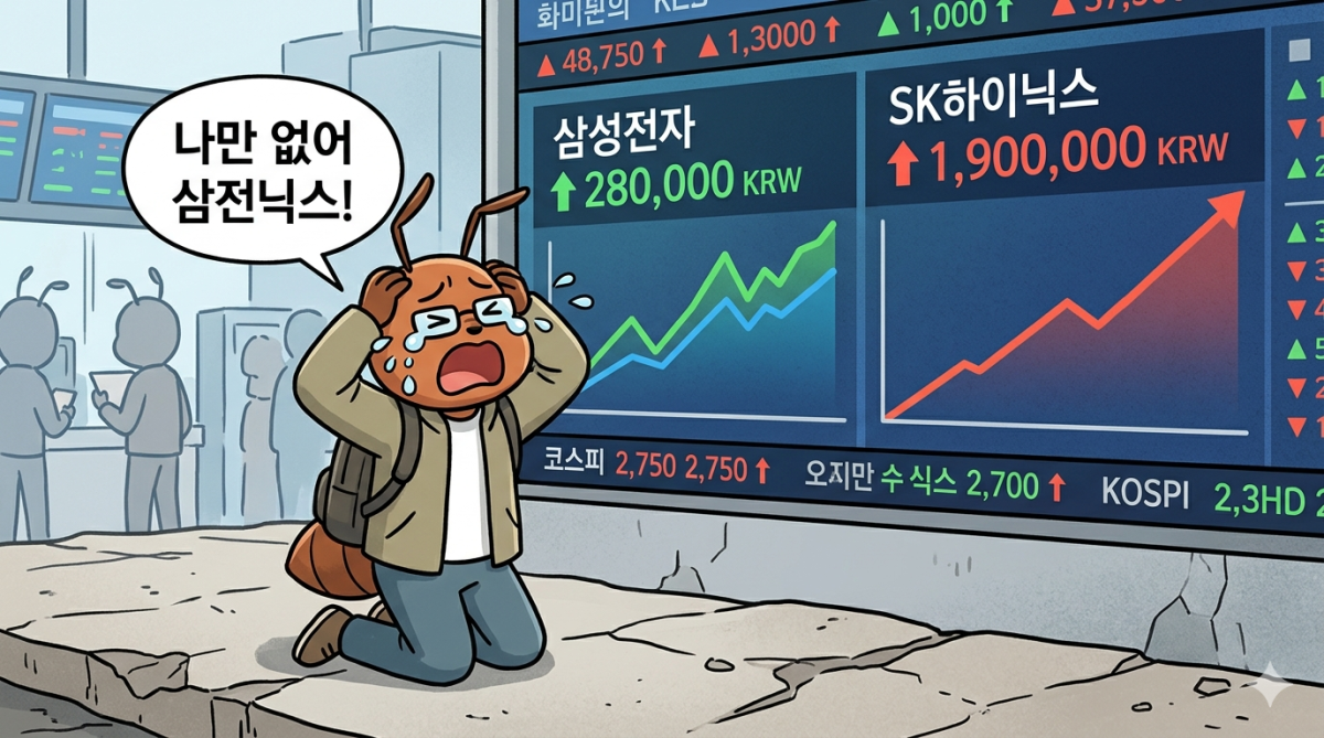 삼성전자가 28만원, SK하이닉스가 190만원을 돌파하며 나란히 신고가를 쓴 11일 두 종목 모두 보유하고 있지 않은 ‘개미’(개인 투자자)가 눈물을 흘리는 모습을 생성형 인공지능(AI) 제미나이가 그린 이미지.