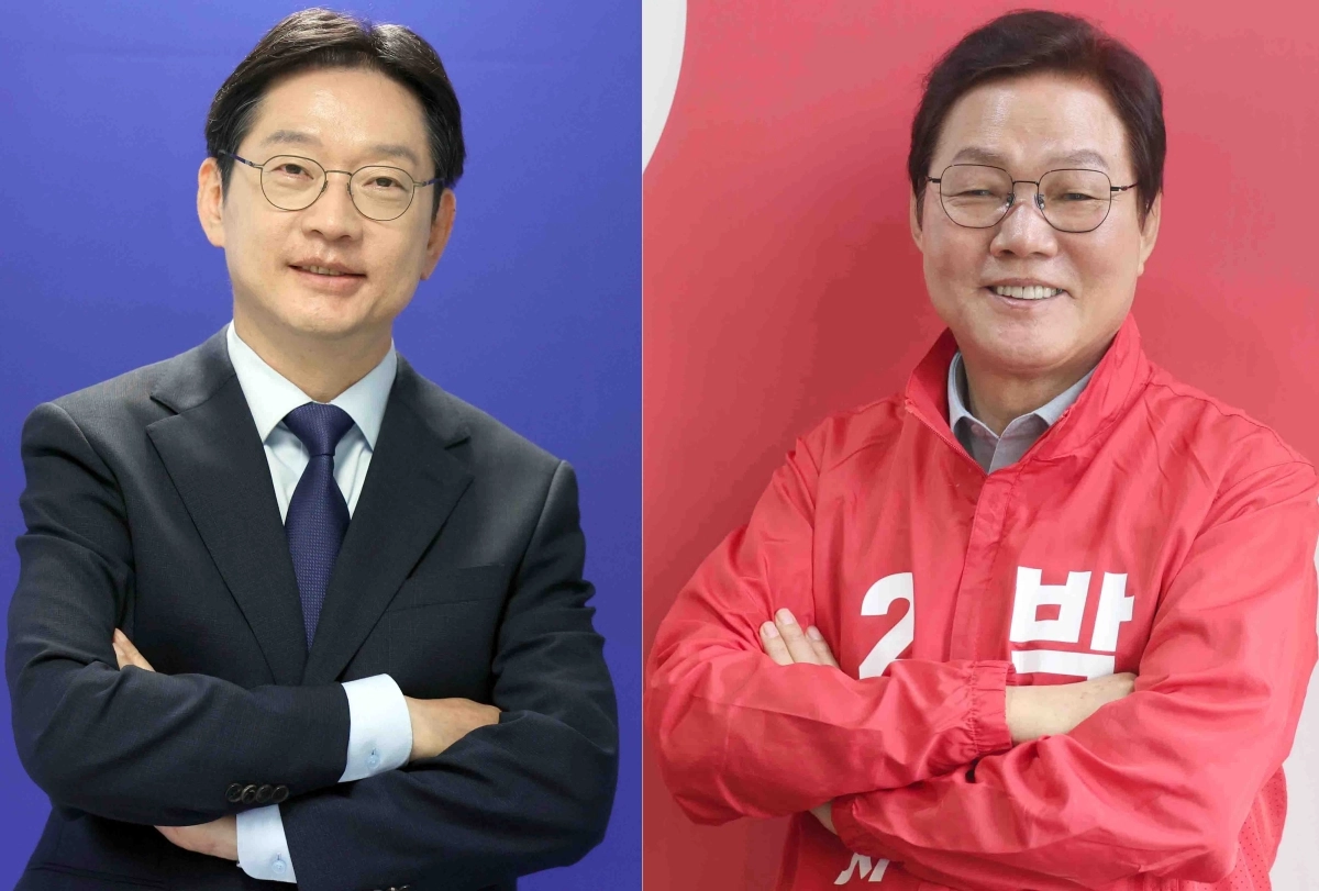 왼쪽부터 더불어민주당 김경수 경남지사 후보, 국민의힘 박완수 후보. 2026.5.12. 연합뉴스