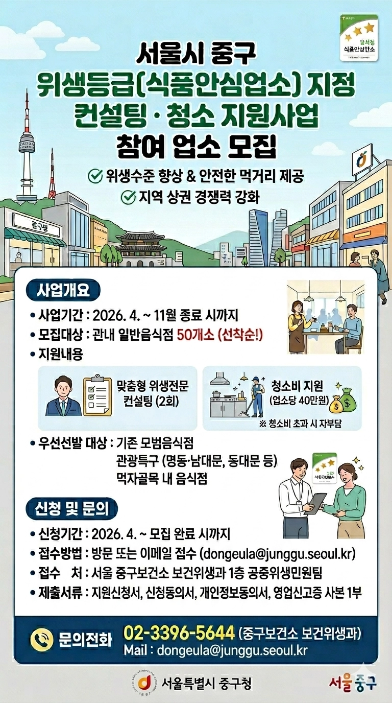 중구 위생등급업소 참여 모집 포스터