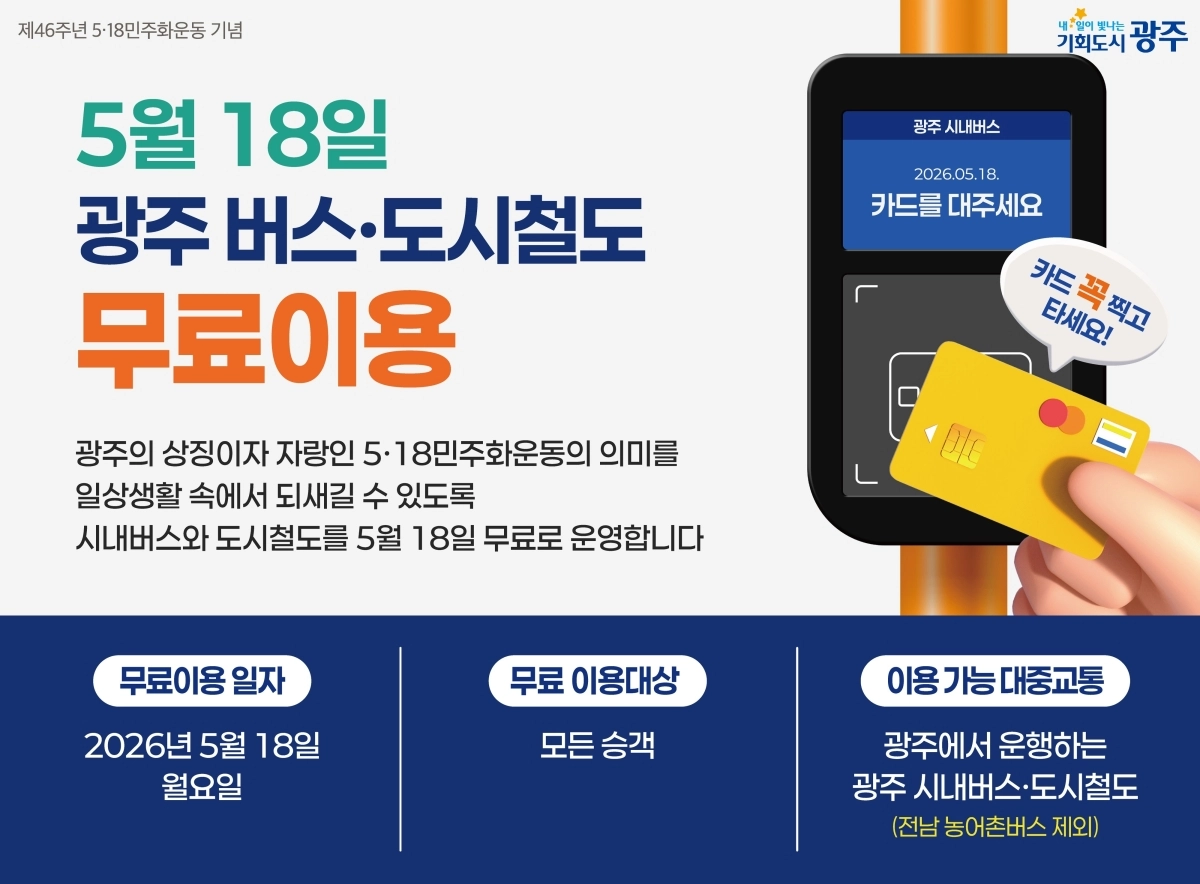 제46주기 5·18민주화운동 기념식이 열리는 오는 18일 하루 동안 광주 시내버스와 지하철이 무료 운행된다. 광주시 제공