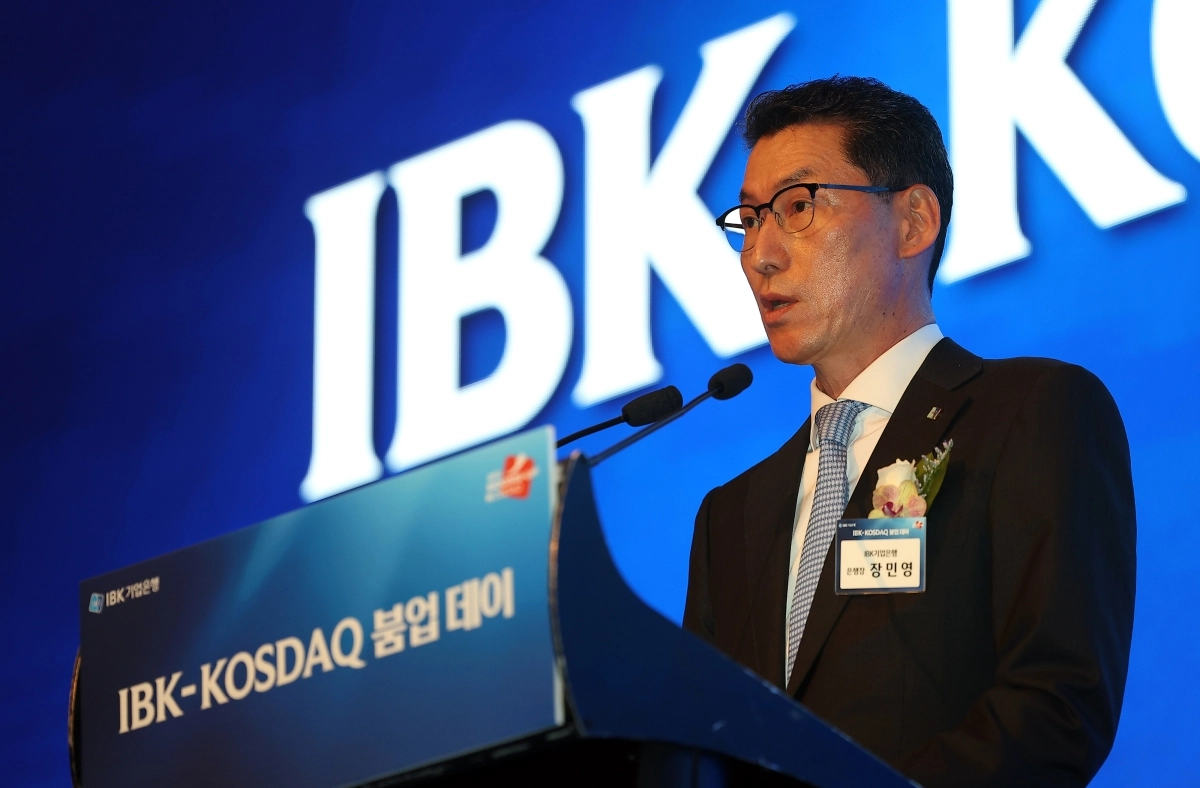 장민영 기업은행장이 12일 서울 영등포구 여의도 콘래드호텔에서 열린 출입기자 간담회 겸 ‘IBK 코스닥 붐업 데이’에서 발언하고 있다. 연합뉴스