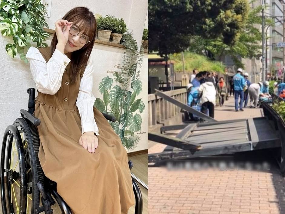 강풍에 쓰러진 대형 간판에 깔려 하반신 마비 장애를 갖게 된 그룹 카멘죠시 멤버 이가리 토모카. 토모카 소셜미디어 캡처