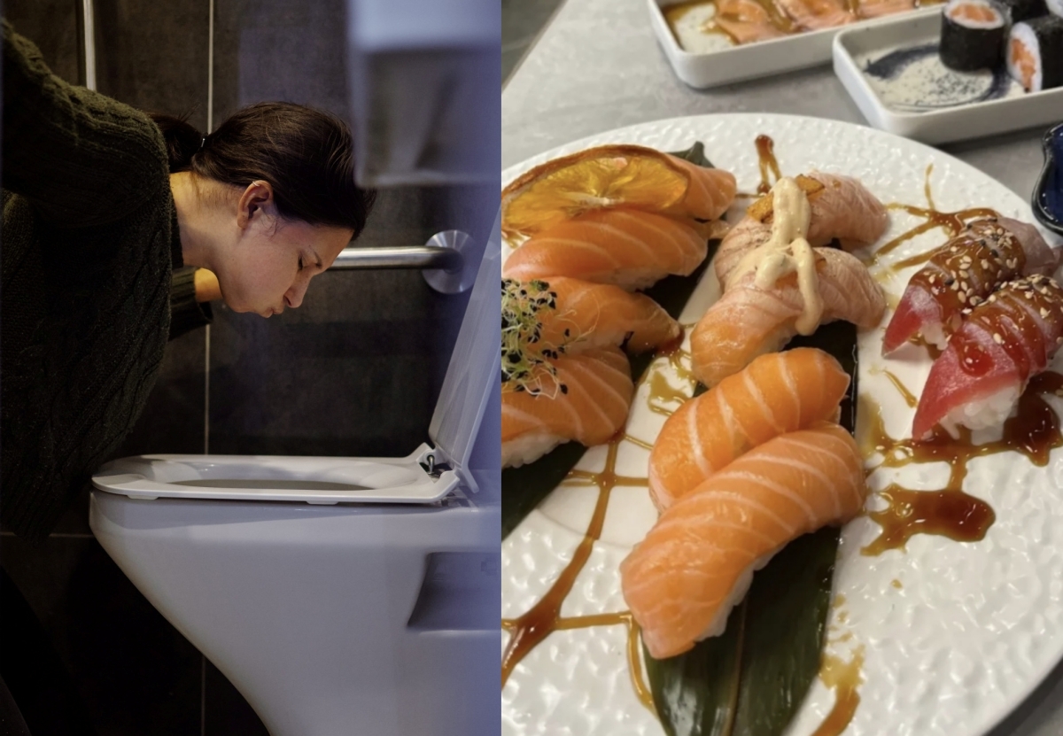 스페인의  무제한 리필 일식 전문점 ‘스시 토로’가 매장 내에서 구토할 때까지 먹는 손님에게 ‘구토세’를 부과하기로 결정했다. 사진 속 여성은 기사와 직접적 관련 없는 구토 자료사진. 123RF, 스시 토로 소셜미디어(SNS) 캡처