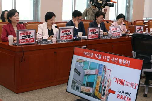 서명옥(왼쪽 두 번째) 국민의힘 의원이 15일 국회에서 열린 성평등가족위원회 전체회의에서 정원오 더불어민주당 서울시장 후보의 폭행 전과 관련 사진을 설명하고 있다.  뉴시스