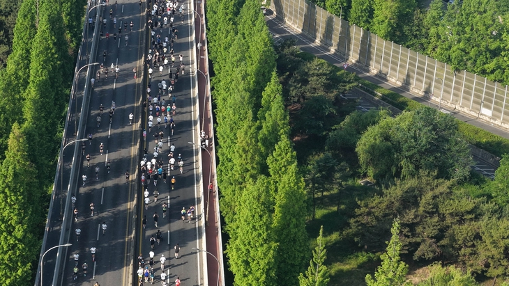 16일 서울 마포구 평화광장에서 열린 ‘2026 서울신문 하프마라톤 대회’에서 참가자들이 가양대교를 달리고 있다. 2026.5.16 홍윤기 기자