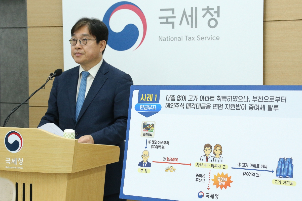 오상훈 국세청 자산과세국장이 19일 부동산 탈세혐의자의 자금형성과정 검증 관련 브리핑을 하고 있다. 국세청 제공