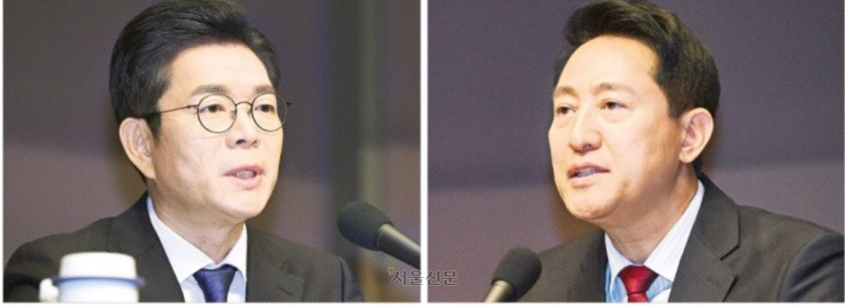 정원오 더불어민주당 서울시장 후보가 20일 서울 중구 한국프레스센터에서 열린 서울시장 후보 초청 관훈토론회에서 발언하고 있다(왼쪽 사진). 오른쪽 사진은 오세훈 국민의힘 서울시장 후보가 같은 날 다른 시간에 열린 관훈토론회에서 발언하는 모습. 이지훈 기자