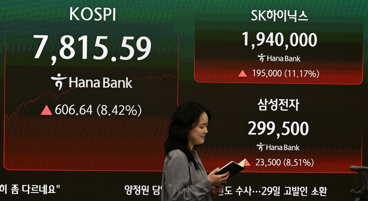 삼성전자 노사의 임금협상 잠정 합의로 코스피가 급등한 21일 서울 중구 하나은행 딜링룸에 지수가 표시돼 있다. 도준석 전문기자