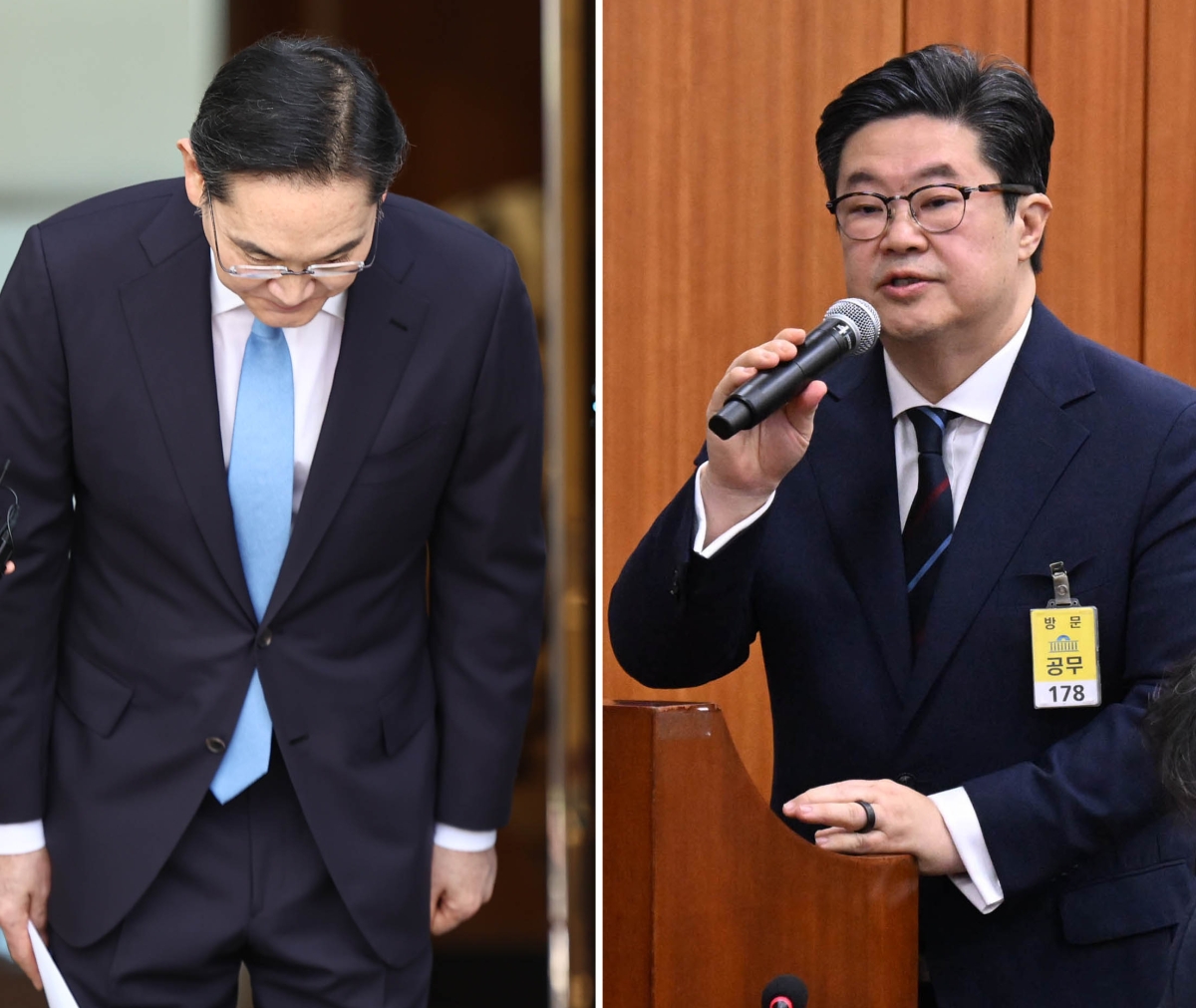 이재용 삼성전자 회장이 2026년 5월 서울 강서구 서울김포비즈니스항공센터로 귀국하며 노조 파업에 대한 입장을 밝히던 중 고개숙여 사과하고 있다.(왼쪽)  김병주 MBK파트너스 회장이 2025년 10월 서울 영등포구 여의도 국회에서 열린 정무위원회 국정감사에 증인으로 출석해 질의에 답변하고 있다.(오른쪽)  뉴스1. 서울신문 DB