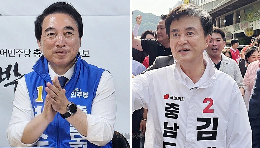 충남지사 선거에 나선 박수현 더불어민주당 후보가 25일 천안에 위치한 선거사무소에서 진행한 현장간담회에서 박수를 치고 있다(왼쪽 사진). 오른쪽 사진은 같은 날 김태흠﻿ 국민의힘 후보가 공주산성시장을 찾아 상인과 시민들에게 손을 흔들며 인사하고 있는 모습.