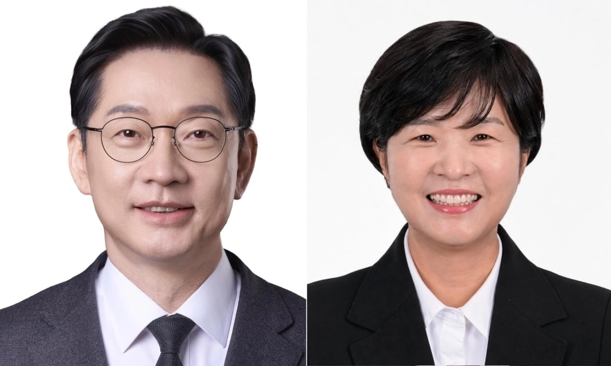 왼쪽부터 더불어민주당 김경수 경남도지사 후보, 진보당 전희영 경남도지사 후보.
