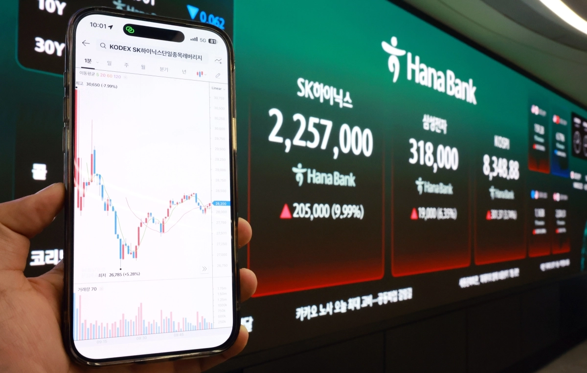 삼성전자와 SK하이닉스를 기초자산으로 하는 레버리지·인버스 상장지수펀드(ETF)가 코스피 시장에 상장된 27일 서울 중구 하나은행 딜링룸 현황판에 두 상품의 지수가 표시되고 있다. 뉴스1