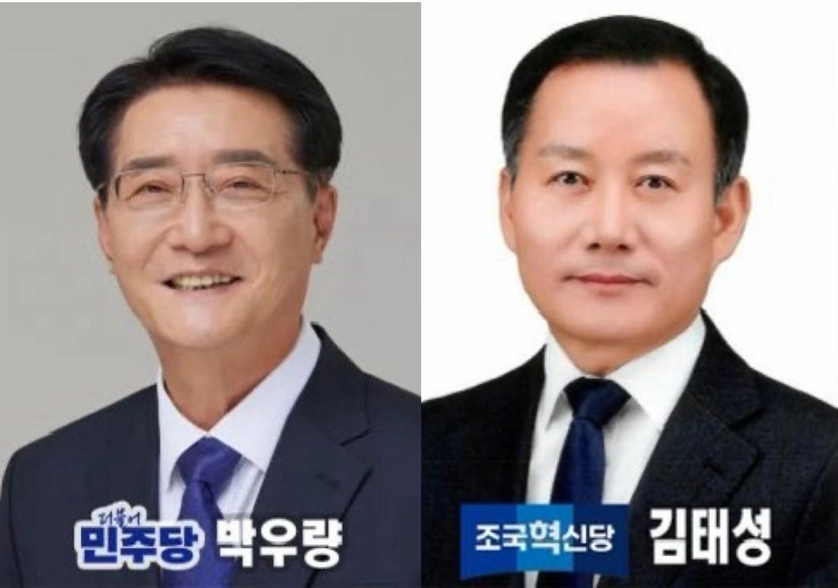 박우량(왼쪽) 더불어민주당 신안군수 후보, 김태성(오른쪽) 조국혁신당 신안군수 후보