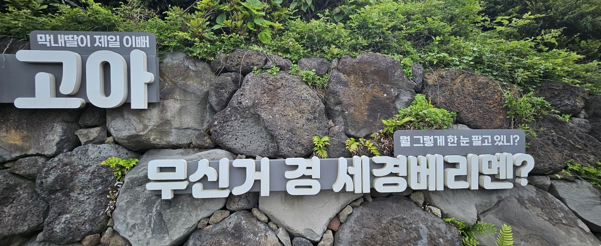 제주 올레길에서 만난 제주사투리. 제주 강동삼 기자