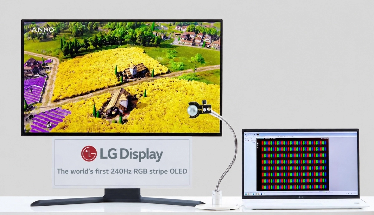 LG디스플레이가 28일 공개한 ‘240Hz RGB 스트라이프 OLED’ 패널에 RGB 픽셀이 스트라이프 구조로 배치돼 있다. LG디스플레이 제공