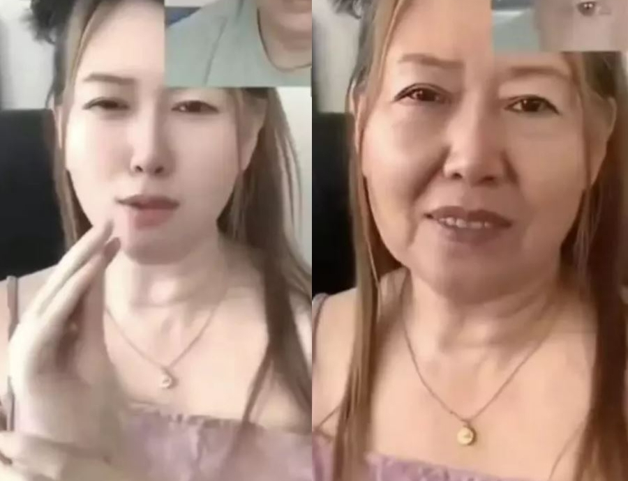 중국의 한 여성 스트리머 방송 중 얼굴 보정 기술인 ‘뷰티 필터’가 켜졌을 때(왼쪽)와 꺼졌을 때의 모습. 바스티유포스트 캡처