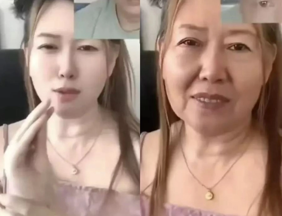 중국의 한 여성 스트리머 방송 중 얼굴 보정 기술인 ‘뷰티 필터’가 켜졌을 때(왼쪽)와 꺼졌을 때의 모습. 바스티유포스트 캡처