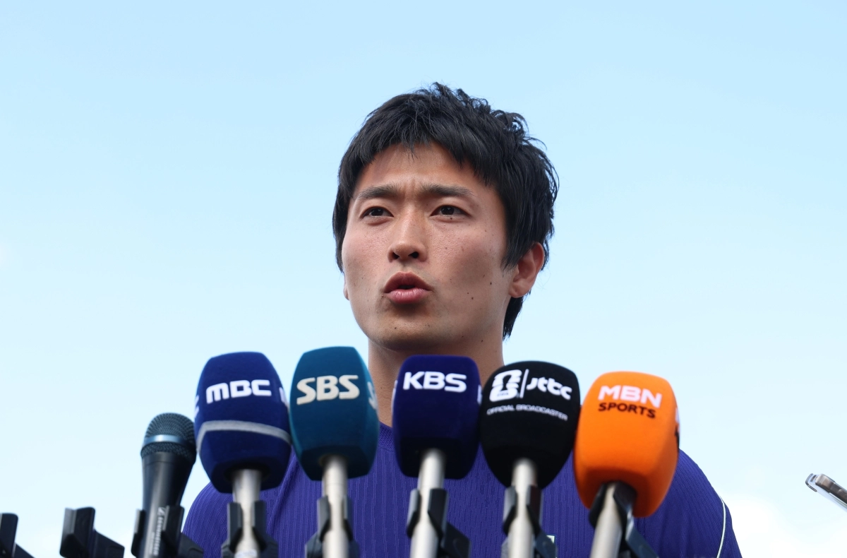 28일(현지시간) 오후 미국 유타주 헤리먼에 위치한 자이언스뱅크 트레이닝센터에서 축구 국가대표팀 조규성이 인터뷰를 하고 있다. 2026.5.29 헤리먼 연합뉴스